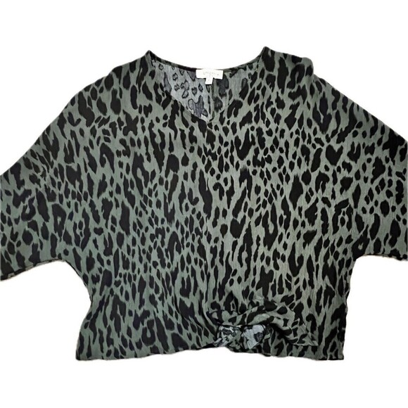 Umgee Dolman Sleeve Green & Black Animal Print V-Neck Top With Waist Tie Size XL - Picture 4 of 8